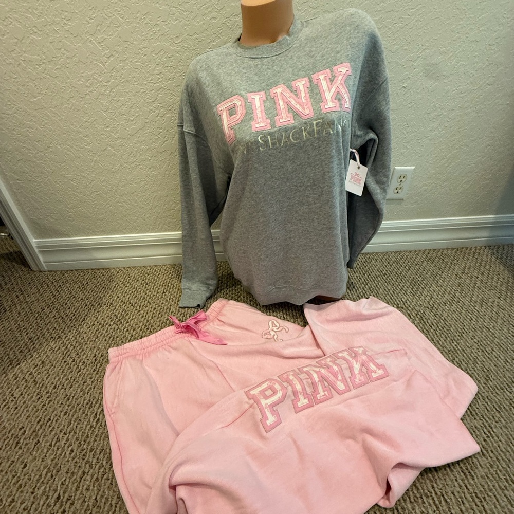 LOVESHACKFANCY & VS PINK COLLOAB. CREW SWEATSHIRT & SWEATPANTS 2PC SET XS-L NWT - Picture 6 of 8